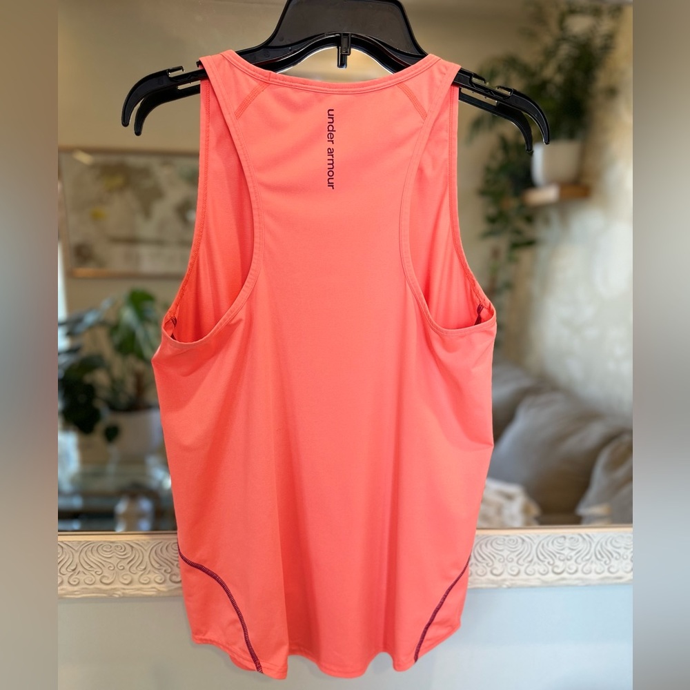 Under Armour Workout Performance Top - Bright Neon Coral Pink/Orange w/ Purple M - Picture 7 of 14